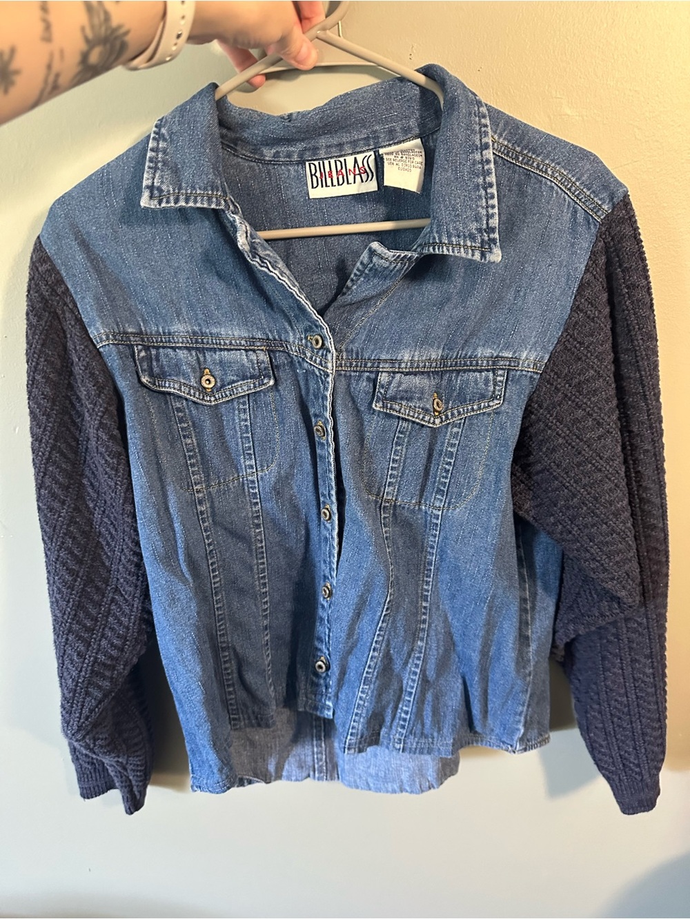 GUC Large vintage bill blast jeans denim shirt with knit sweater sleeves
